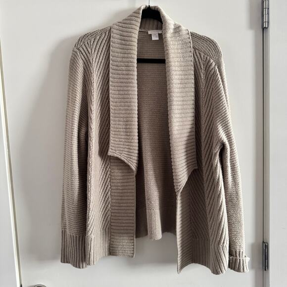 Chico's Raleigh Ribbed Knit Cardigan Taupe Open Front Long Sleeve Sz 3/L - Picture 1 of 3